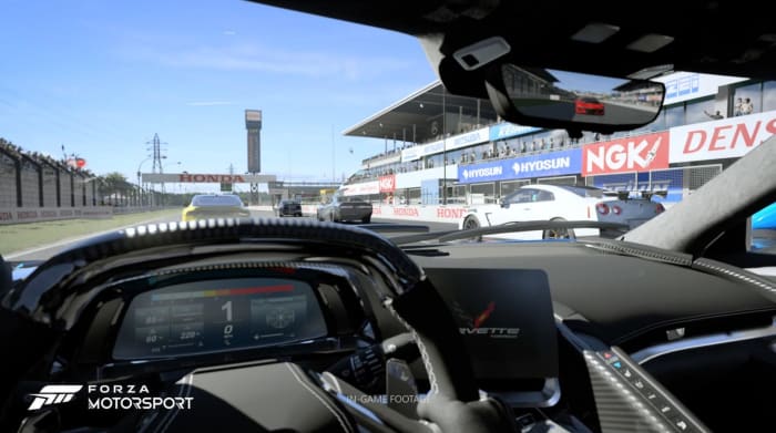 The cockpit view in the new Forza Motorsport, where every car has a painstakingly modeled interior.